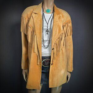 Vintage 90s Fringed Suede Jacket Size M Tan Brown Western Boho Hippie Festival